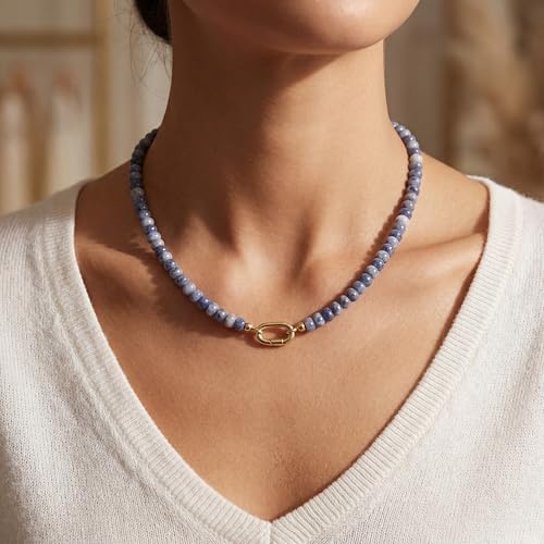 CONRAN KREMIX Colorful Stone Beaded Necklace for Women,Natural Gemstone Bead Choker Necklaces Boho Summer Beach Layering Necklace Jewelry Gift for Women - color: Blue & White