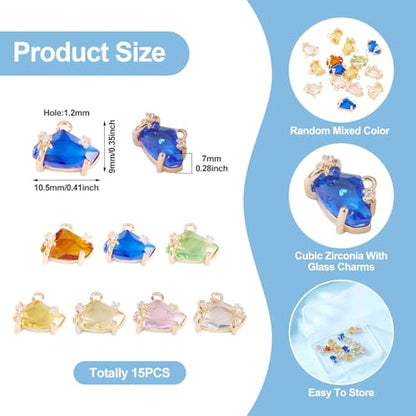 Beadthoven 15pcs Brass Micro Pave Cubic Zirconia Nuggets Charms Irregular Glass Crystal Charms Colorful Faceted Rhinestone Pendants for DIY Jewelry Making Necklace Bracelet Earrings Dangle Accessories - color: Nuggets