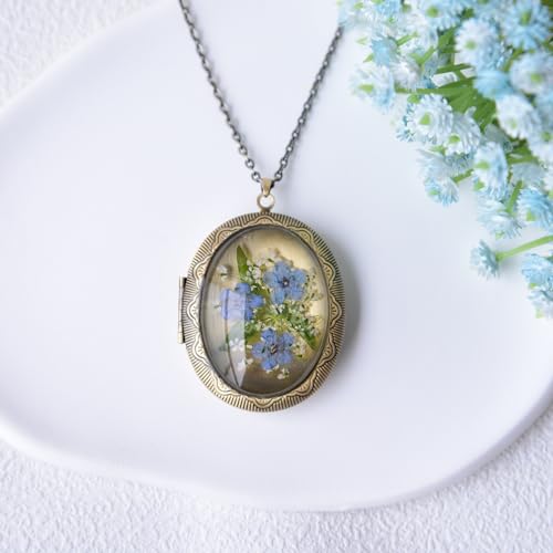 Vintage Photo Locket Necklace Handmade Pressed Flower Locket Necklace for Women - style: Forget Me Not(1.53"x 1.85")