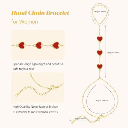 Hand Chain Bracelets for Women 14K Gold Plated Dainty Link Bracelet Bracelets Trendy Ring Bracelet Birthday Jewelry Gifts for Women - style: Red Heart