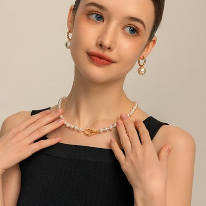 Pearl Necklace for Women Paperclip Chain Chunky Gold Necklace, Freshwater Cultured Pearls Trendy Link Chain 18K Gold Plated Dainty Pearl Choker - color: 8mm White Pearl Necklace