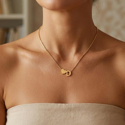18K Real Gold Plated Heart Initial Necklace for Women-Personalized A-Z Letter Pendant on Durable Stainless Steel Box Chain (16+2.5 inch Adjustable) Hypoallergenic Everyday Jewelry Gift Boxed for Mom Wife - style: Gold:D
