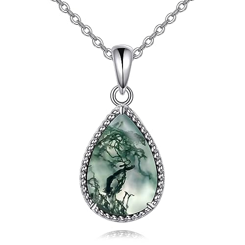 VONALA Sterling Silver Necklace Moss Agate/Turquoise/Larimar/Aquamarine/Opal/Black Onyx/Rose Quartz/Moonstone Pendant Teardrop Necklace Jewelry Gift for Women - style: Moss Agate