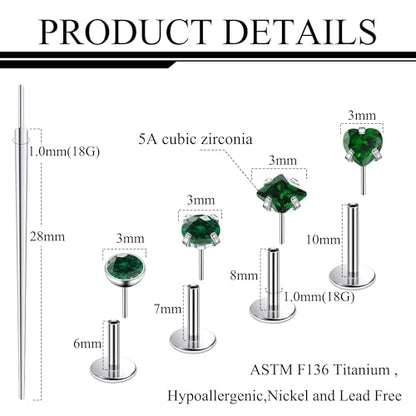Ruifan Titanium Flat Back Lip Rings Threadless Push in Earrings Studs Nose Rings 20G 18G 16G Round Heart Square CZ Tragus Cartilage Lobe Rook Helix Conch Labret Medusa Piercing Jewelry for Women Men - color: Green CZ, size: 18G-6/8/10mm