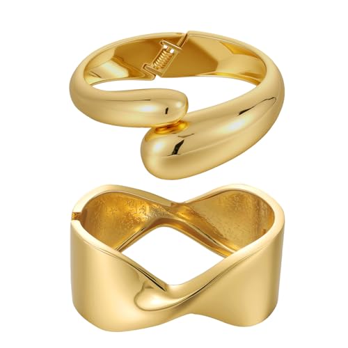 Emibele Cuff Bracelet Stack, 18K Gold-plated Open Bangle Bracelet, Teardrop Hinged Thick Wrist Chunky Bracelet Set for Women, Non Tarnish Jewelry Gift, 2 Pack - color: Gold Stack