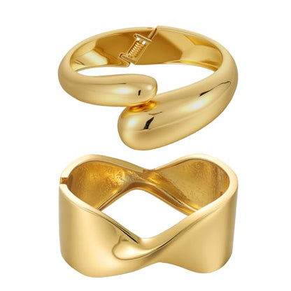 Emibele Cuff Bracelet Stack, 18K Gold-plated Open Bangle Bracelet, Teardrop Hinged Thick Wrist Chunky Bracelet Set for Women, Non Tarnish Jewelry Gift, 2 Pack - color: Gold Stack