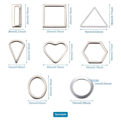 40Pcs Stainless Steel Linking Rings Metal Circles Charms Links Heart Rectangle Oval Square Hollow Frame Pendants Jewelry Connectors for Earrings Bracelet Necklace Macrame Making - color: Steel Color