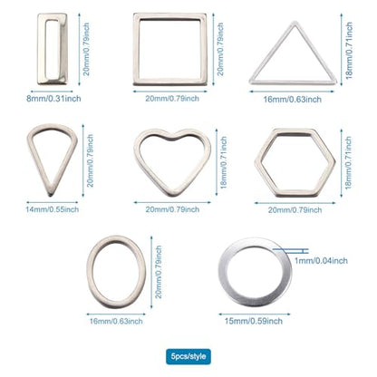 40Pcs Stainless Steel Linking Rings Metal Circles Charms Links Heart Rectangle Oval Square Hollow Frame Pendants Jewelry Connectors for Earrings Bracelet Necklace Macrame Making - color: Steel Color