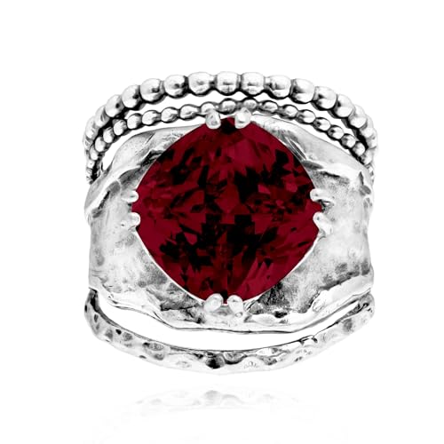 JEAN RACHEL JEWELRY 925 Sterling Silver Prong Solitaire Ring | Raised crown engagement style ring mounting a precision faceted brilliant Cubic Zirconia solitaire over stacked silver rows. - color: Garnet CZ