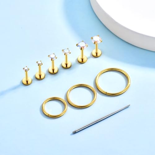 16G 18G Surgical Steel Internal Thread Stud Piercing Jewelry Set Nose Medusa Lip Labret Stud Hypoallergenic Clicker Hoop Septum Rings Cartilage Tragus Helix Conch Earrings for Women Men - color: 18G-8mm-gold