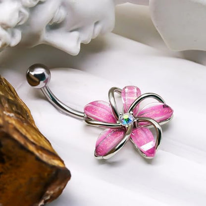VERAMI 14G 316L Flower Belly Button Ring Surgical Steel Cute Flower Belly Button Ring Body Piercing Jewelry - color: Pink flower
