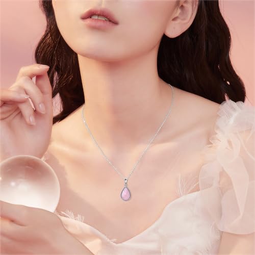 VONALA Sterling Silver Necklace Moss Agate/Turquoise/Larimar/Aquamarine/Opal/Black Onyx/Rose Quartz/Moonstone Pendant Teardrop Necklace Jewelry Gift for Women - style: Rose Quartz