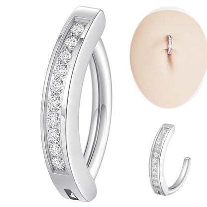 ORANGELOVE G23 Titanium 14G Belly Button Rings for Women Hinged Hoop Clicker Belly Ring Reverse Curved Navel Ring Floating Navel Barbell Piercing Jewelry 14 Gauge 8mm 10mm 12mm 14mm - color: CZ Silver