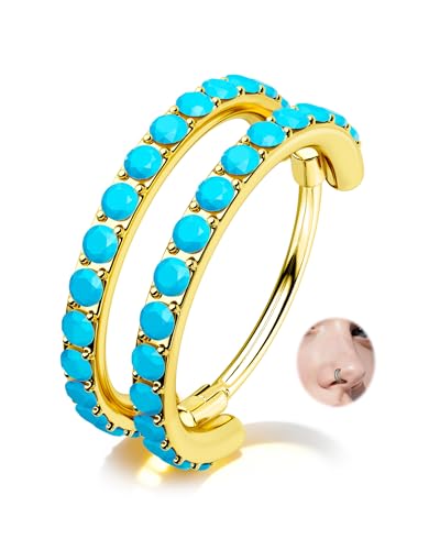 Nose Ring Hoop, 316L Stainless Steel Double Nose Rings, 20G Nose Piercing Jewelry for Women, Clear CZ Helix Cartilage Septum Nose Hoops - color: Turquoise-Gold-7mm