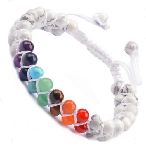 MASSIVE BEADS Double Layer Natural Chakra Healing Power Crystals Macrame Bracelet Yoga Stone Beads Gemstone Meditation Relax Anxiety Bangle for Unisex Women Men - color: 7-Chakras&Howlite, size: 6mm