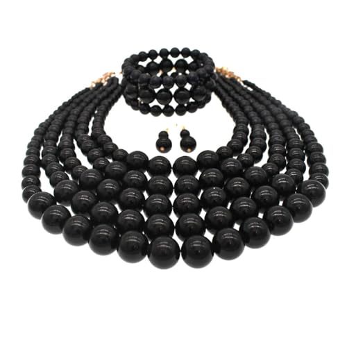 Faux Big Pearl Srand Necklaces for Women 5 Layers Pearls Choker Bib Collar Necklace Bracelet and Earrings set 1920s Costume Pearl Jewelry Bridal Wedding - color: black