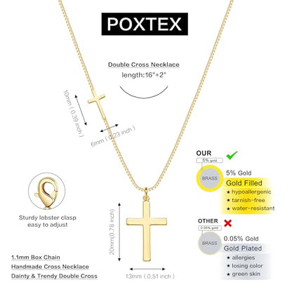 Poxtex Cross Necklace for Women Teen Girls, Dainty 14K Gold Silver Plated Cross Choker Jewelry Non Tarnish Waterproof Cute Simple Small Necklace Christian Baptism Religious Faith Jewelry Gifts - color: 06-Double Cross Necklace