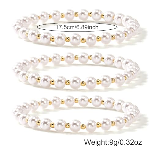 14K Gold Plated Beaded 3Pcs Stack Bracelets for Women, Dainty Trendy Freshwater Stackable Pearl Paperclip Cross Chain Gold Balls Stretch Accessories Jewelry Vacation Gift - color: pearl