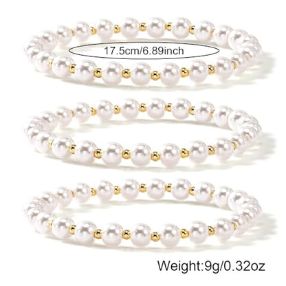 14K Gold Plated Beaded 3Pcs Stack Bracelets for Women, Dainty Trendy Freshwater Stackable Pearl Paperclip Cross Chain Gold Balls Stretch Accessories Jewelry Vacation Gift - color: pearl