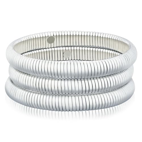 Gold Chunky Stretch Snake Chain Bangle Bracelets Stack for Women Trendy, 18K Gold Filled Stainless Steel Stretchy Womens Stackable Wristband Bangles Bracelet Set - style: 3PCS SILVER 10MM EACH