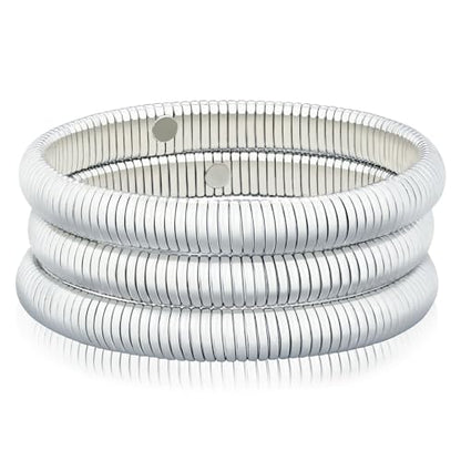 Gold Chunky Stretch Snake Chain Bangle Bracelets Stack for Women Trendy, 18K Gold Filled Stainless Steel Stretchy Womens Stackable Wristband Bangles Bracelet Set - style: 3PCS SILVER 10MM EACH