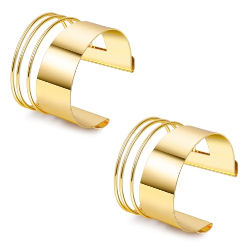 2Pcs Cuff Bangle Bracelet for Women Open Wide Bangle Bracelet Set | minimalist statement bangle bracelets，wrist cuff wrap bracelet adjustable，open wide wire grooved hammered bracelet set - color: 2PCS-Gold-F