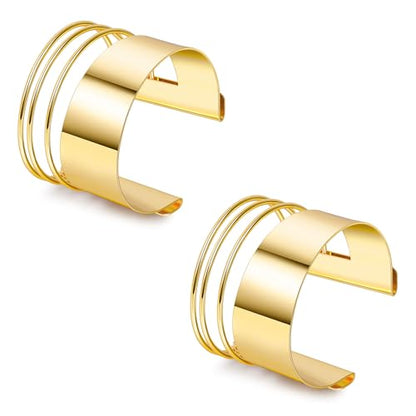 2Pcs Cuff Bangle Bracelet for Women Open Wide Bangle Bracelet Set | minimalist statement bangle bracelets，wrist cuff wrap bracelet adjustable，open wide wire grooved hammered bracelet set - color: 2PCS-Gold-F