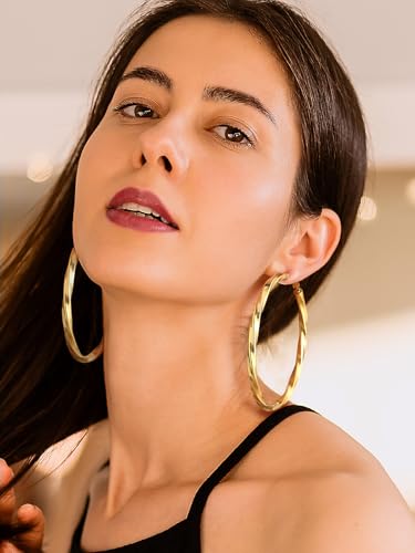 FindChic Twisted Hoop Earrings for Women, Silver/Black/14K Gold Plated Hypoallergenic Hollow Tube Rounded Loop Earrings, 30mm/40mm/60mm/80mm Hoops with Custom Name Options and Gift Box - color: c.Gold, size: 80MM