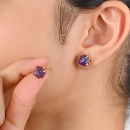Gempires Raw Gemstone Stud Earrings for Women, Natural Crystal Birthstone | Pear Shaped Bezel Drop, Gold Plated Fish Hook, Lightweight, Handmade