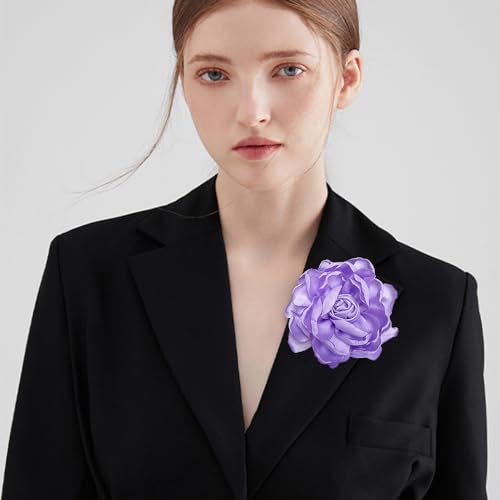 Dainty Fabric Rose Flower Large Brooch Lapel Pins Flower Brooches Pin Classic for Wedding Party Dance Banquet for Women Dress Suit Clothes Accessories Jewelry 100mm - color: Purple