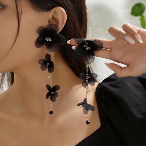 Flower Earrings for Women Long Fabric Flower Tassel Earrings Bohemian Handmade Floral Statement Earring Wedding Prom Jewelry Gifts - color: A3：black