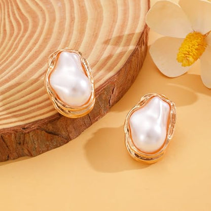 Boho Pearl Statement Earrings for Women Irregular Pearl Earrings | Big Round Freshwater Pearls Bridal Gold Earring Beach Ocean Vacation Jewelry - style: A Style