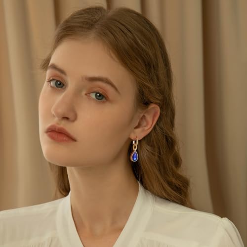 Crystals Teardrop Dangle Drop Earrings, 18K Gold Plated Hoop Earrings Zirconia Jewelry for Women Gifts - color: Navy blue-Long