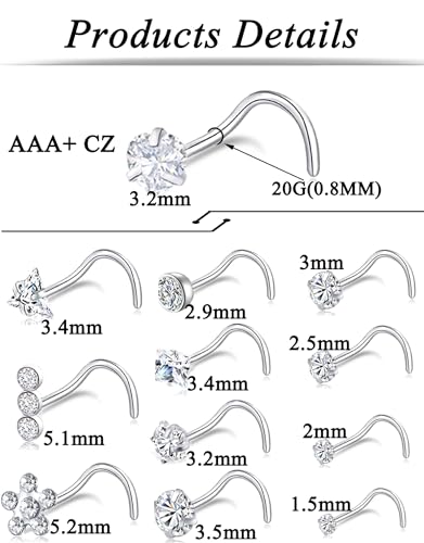 12Pcs Nose Rings Studs 20G Stainless Steel L Screw Bone Shaped Nostril Piercing Triangle Flower Square Heart Pentagram Round CZ Nose Stud Piercing Jewelry for Women Men Silver Tone - style: cool