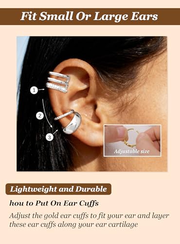 Ear Cuffs Non Piercing Hypoallergenic Gold Plated Ear Cuff Earrings for Women Trendy Clip On Cartilage Earring Set Dainty Adjustable Fake Piercings Earrings Fashion Accessories - color: F:3pcs silver ear cuff