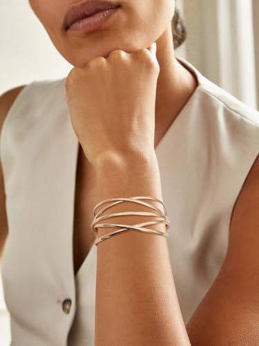 Multi-Layer Cuff Bracelet for Women Cross Wire Bracelets Open Wide Cuff Gold Bangle Bracelet - color: Gold 1