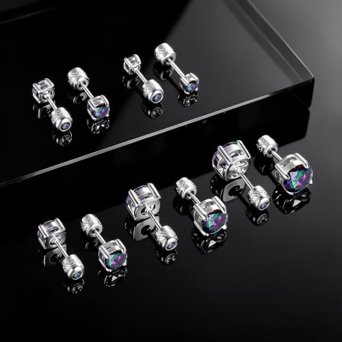 5 Pairs Screw Back Stud Earrings Set, Cubic Zirconia Stud Earring for Women Men Hypoallergenic 316L Surgical Stainless Steel Round Cut CZ 3-7mm - color: White-Rainbow