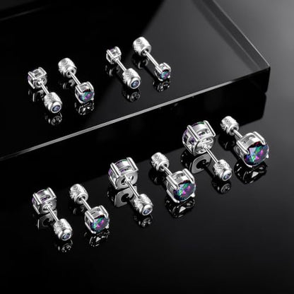 5 Pairs Screw Back Stud Earrings Set, Cubic Zirconia Stud Earring for Women Men Hypoallergenic 316L Surgical Stainless Steel Round Cut CZ 3-7mm - color: White-Rainbow