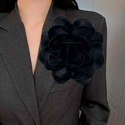 Dainty Satin Fabric Rose Flower Brooches 7.5in Extra Large Big Camellia Flower Brooches Lapel Pins for Women Wedding Party Dance Dress Clothes Accessories - color: Black