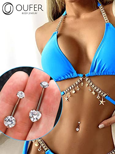OUFER Titanium Belly Button Rings, Long Belly Piercing Jewelry, Clear CZ Belly Rings, Internally Thread Navel Piercing Jewelry For Women Men - style: Heart CZ