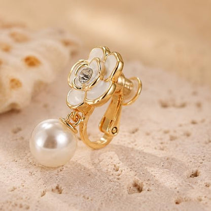 1 Pair Elegant Clip On Pearl Earrings Camellia Flower Design Chic Vintage | Camellia Flower Earrings | Clip-style Design | Pearl Earrings