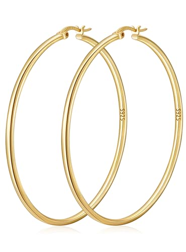 2mm Thin 14K Gold Plated Large S925 Sterling Silver Hoop Earrings for Women Hypoallergenic Big Hoop Non Tarnish Earrings Lightweight 20/30/40/50/60/70mm - color: Gold-60mm