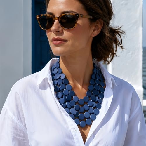 Colorful Beaded Necklace for Women,Chunky Wooden Bib Choker Necklace,Statement African Jewelry Multicolor Maroon Blue Fashion Collar Necklace - color: blue