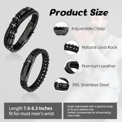 2 Pack Men's Inspirational Cross Bracelets, Double-Row Braided Leather Faith Bracelets, Stainless Steel Adjustable Cuff Bangle Bracelet Encouragement Motivational Gift for Men Teenage, Black
