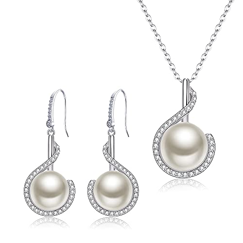 EleQueen 925 Sterling Silver CZ Freshwater Cultured Pearls Bridal Pendant Necklace Earrings Wedding Jewelry Sets, Valentine's Day/Mother's Day/Christmas Gift - style: Bridal Pearl Necklace Earrings