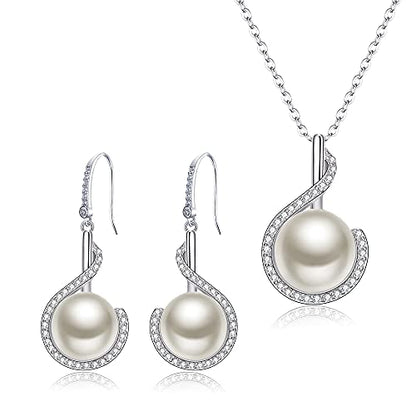 EleQueen 925 Sterling Silver CZ Freshwater Cultured Pearls Bridal Pendant Necklace Earrings Wedding Jewelry Sets, Valentine's Day/Mother's Day/Christmas Gift - style: Bridal Pearl Necklace Earrings