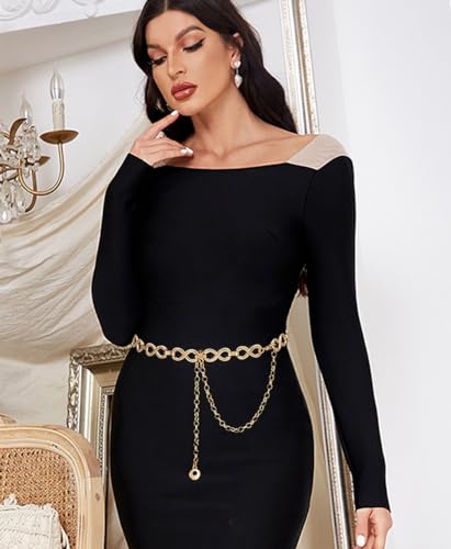 Waist Chain Belts Women Girls Metal Belly Link | Adjustable Waist Belt for Jeans and Dress - color: Gold, size: XL: 59 in