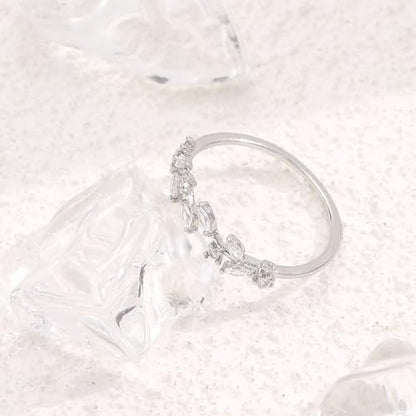 Gold Rings Non Tarnish Silver Adjustable Rings for Women Cubic Zirconia Leaf Ring Dainty Silver Stackable Ring for Women - style: silver