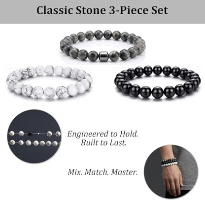 Natural Stone Beaded Bracelet for Men Women Boho Adjustable - color: Classic Stone 3-Piece Set