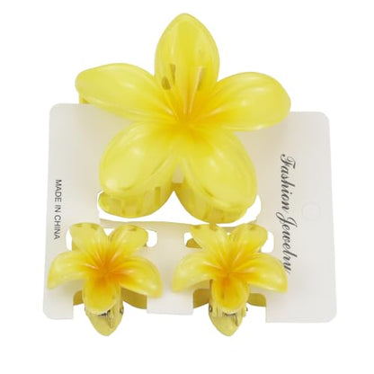 Flower Hair Claw Clip Set,1 Pc Large and 2 Pcs Small Hawaiian Plumeria Claw Clips,Beach Tropical Hair Accessories for Women (Yellow) - color: Yellow